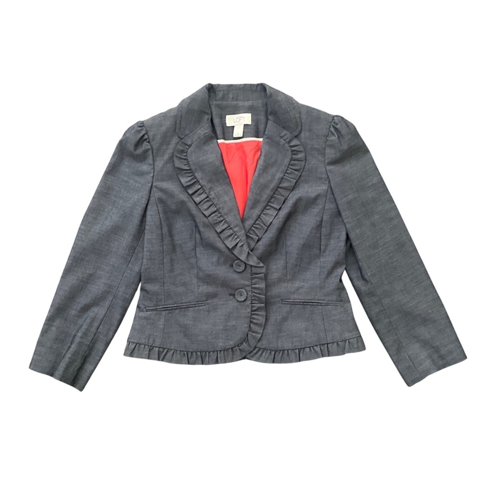Ann Taylor LOFT‎ Gray Chambray Ruffle Trim Button Front Career Blazer Women 0
